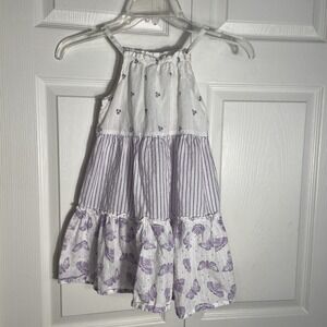 Hop‎ Tiered Sleeveless Sundress Girls 6-7 Years White Purple Butterflies Striped